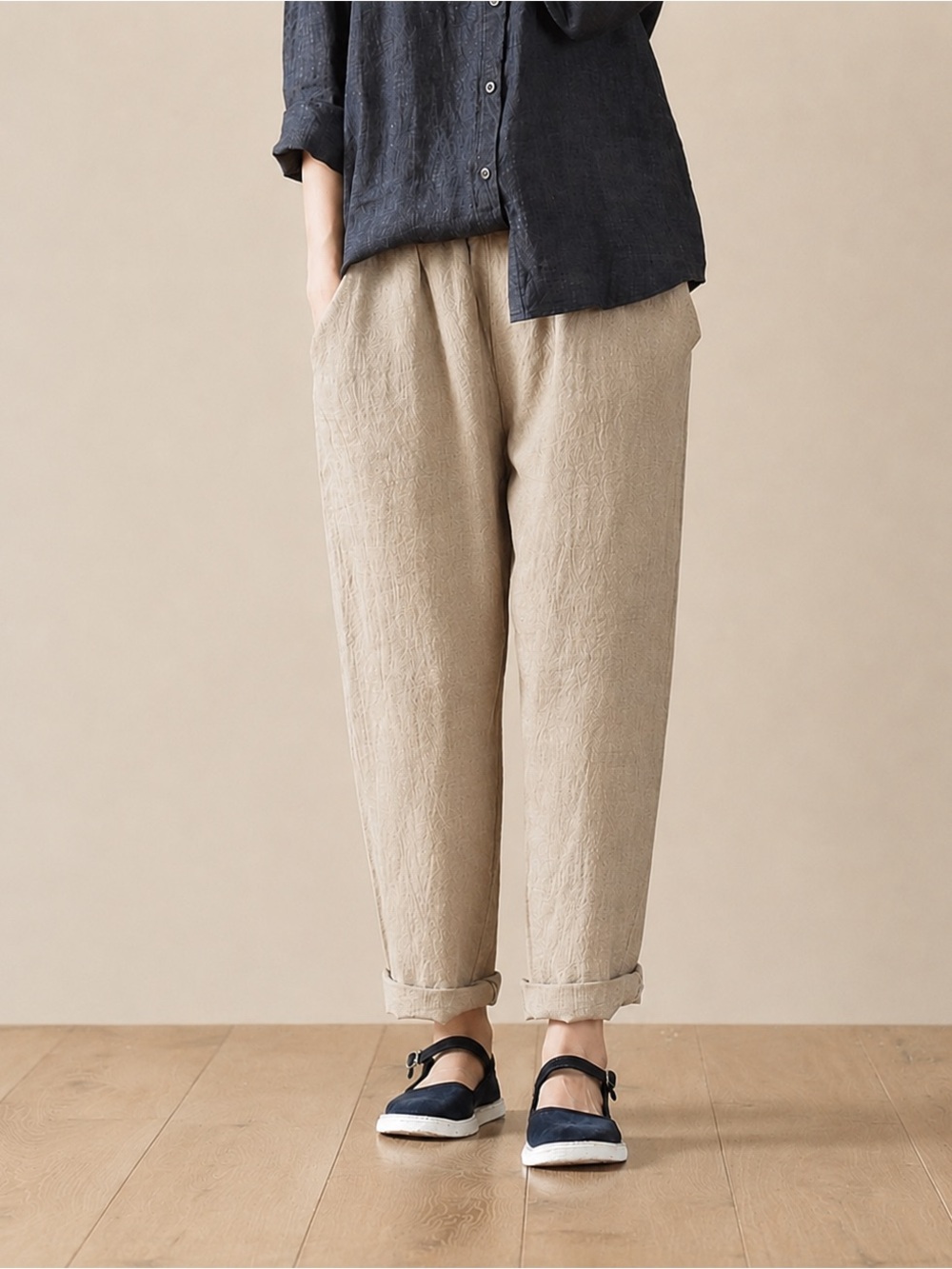 Meetra Linen 100% Linen Beige Drawstring Relaxed Tapered Pants Handmade Latvia